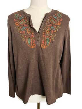 Y2k Beaded Shirt Womens Petite PL Brown Long Sleeve Paisley Henley Top